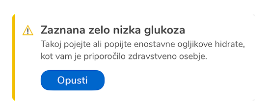 Pojavno obvestilo o zaznani zelo nizki glukozi v aplikaciji Accu-Chek SmartGuide