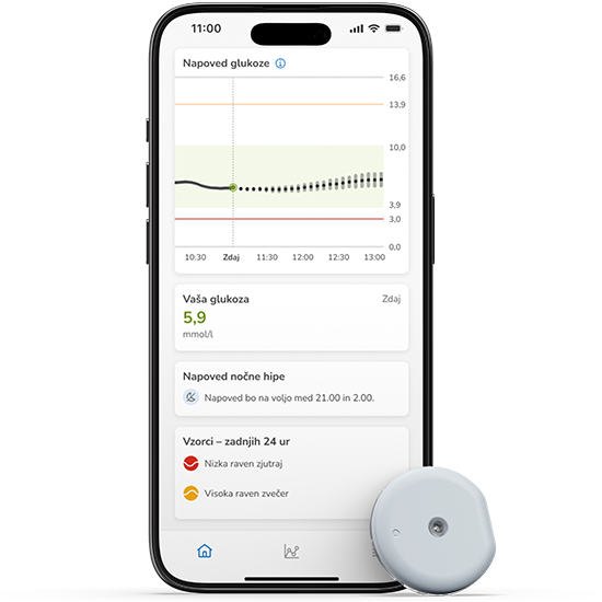 Na sliki je prikazan aplikator SmartGuide, rešitev NMG Accu-Chek in zaslon aplikacije SmartGuide.