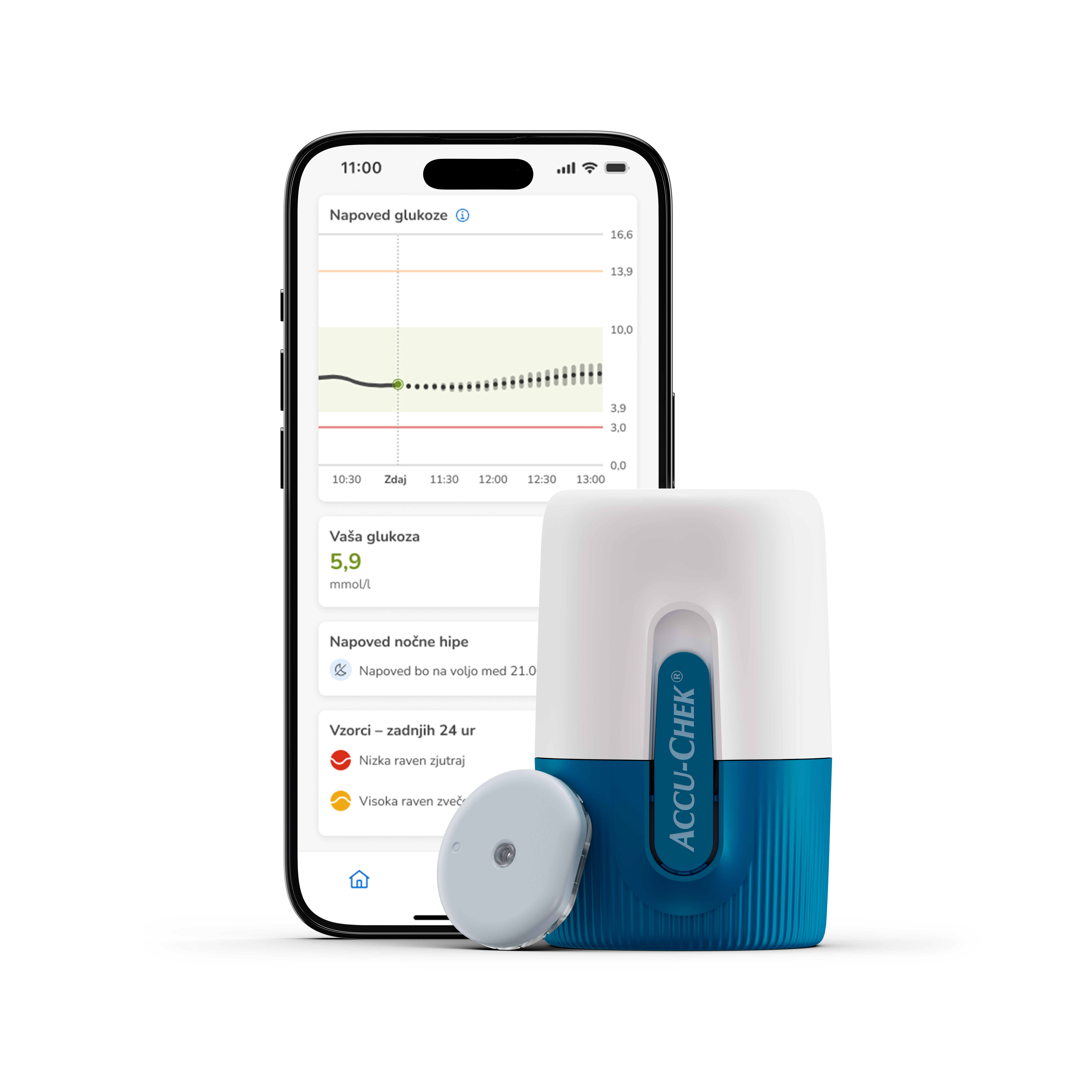 Slika senzorja, aplikatorja in mobilnega telefona, na katerem je odprt prikaz aplikacije NMG