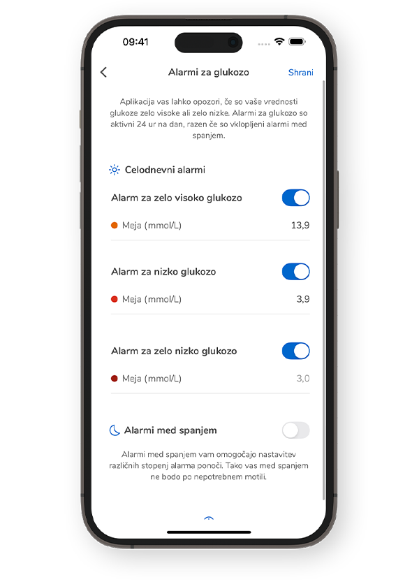 Posnetek zaslona strani z alarmi za glukozo v aplikaciji Accu-Chek SmartGuide, ki podrobno opisuje vrste alarmov, ki jih lahko omogočite