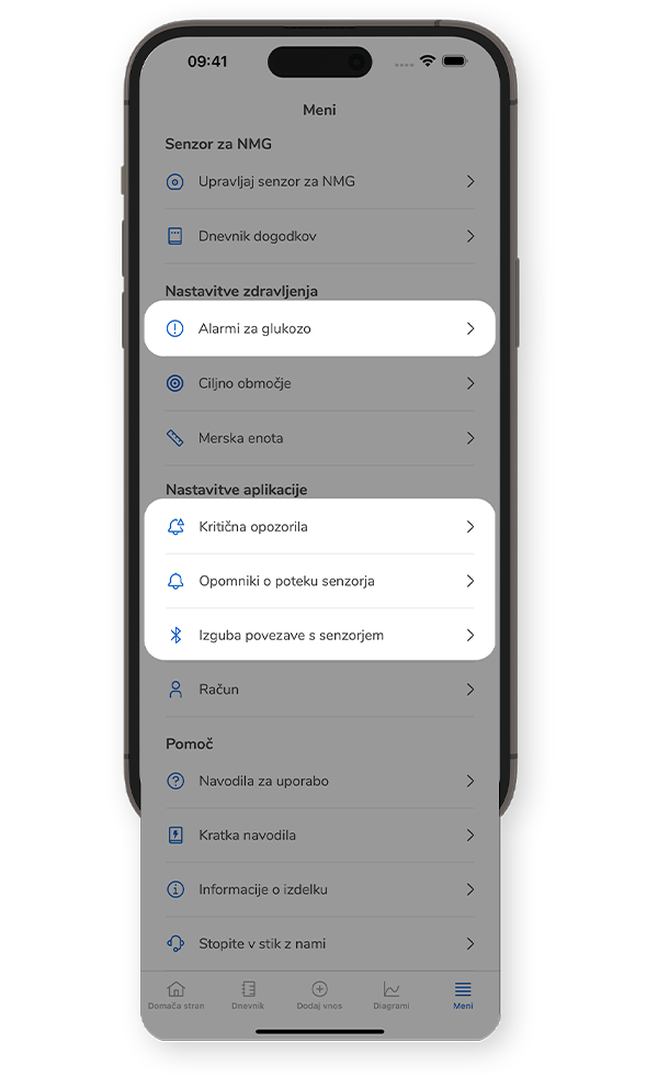 Zaslon v aplikaciji SmartGuide prikazuje meni, v katerem so označeni alarmi za glukozo, kritična opozorila, opomniki o poteku senzorja senzorja in nastavitve povezave senzorja.
