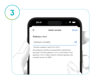 Posnetek zaslona Umeri v aplikaciji SmartGuide, ki podrobno opisuje, kako umeriti rešitev za neprekinjeno merjenje glukoze NMG.