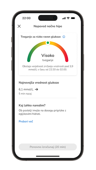 Zaslon telefona z velikim tveganjem za nizko glukozo ponoči pri odčitku 6,1 mmol/L in priporočilu za prigrizke z ogljikovimi hidrati v bližini
