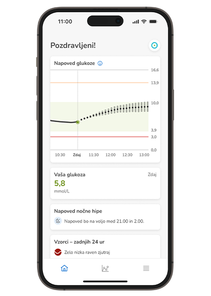 Posnetek zaslona domače strani v aplikaciji Accu-Check SmartGuide Predict