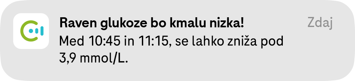 Raven glukoze bo kmalu nizka! Obvestilo o morebitni nizki glukozi med 12.30 in 13.30