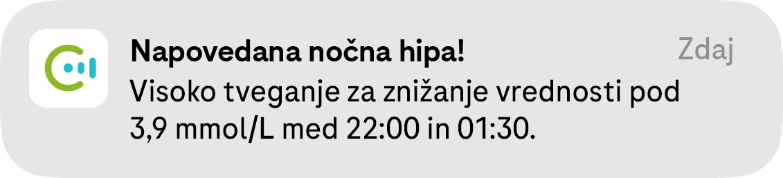 Pojavno okno »Napoved nočne hipe«, ki uporabnika obvesti o zelo velikem tveganju za hipoglikemijo ponoči