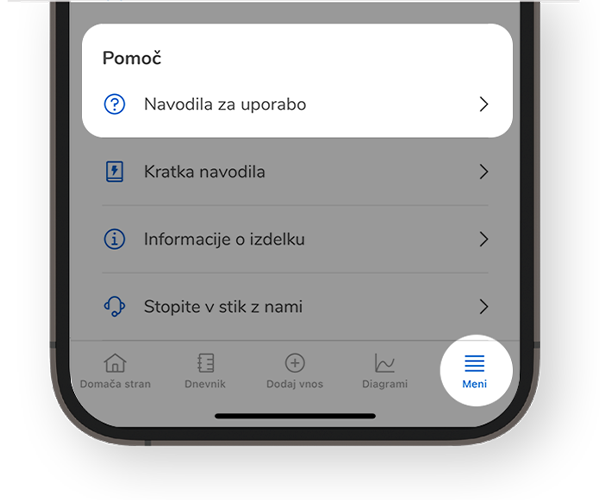 Posnetek zaslona razdelka za pomoč v aplikaciji SmartGuide z označenim uporabniškim priročnikom