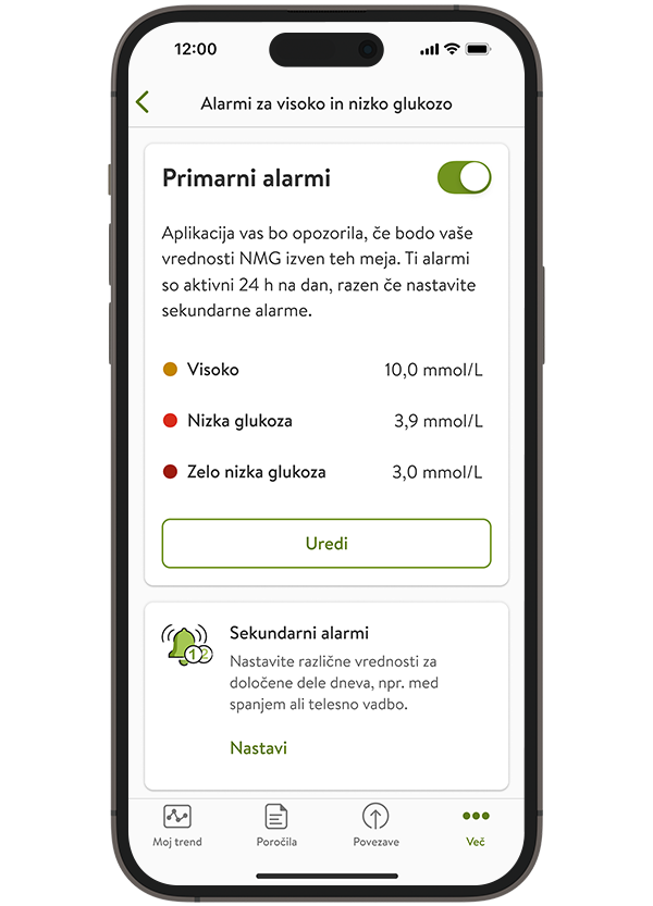Posnetek zaslona strani z alarmi za glukozo funkcije Pregled ravni glukoze v mySugr, ki podrobno opisuje vrste alarmov, ki jih lahko omogočite.