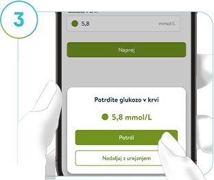 Posnetek zaslona prikaza Umeri za funkcijo Pregled ravni glukoze v mySugr s podrobnostmi o umerjanju rešitve za NMG.