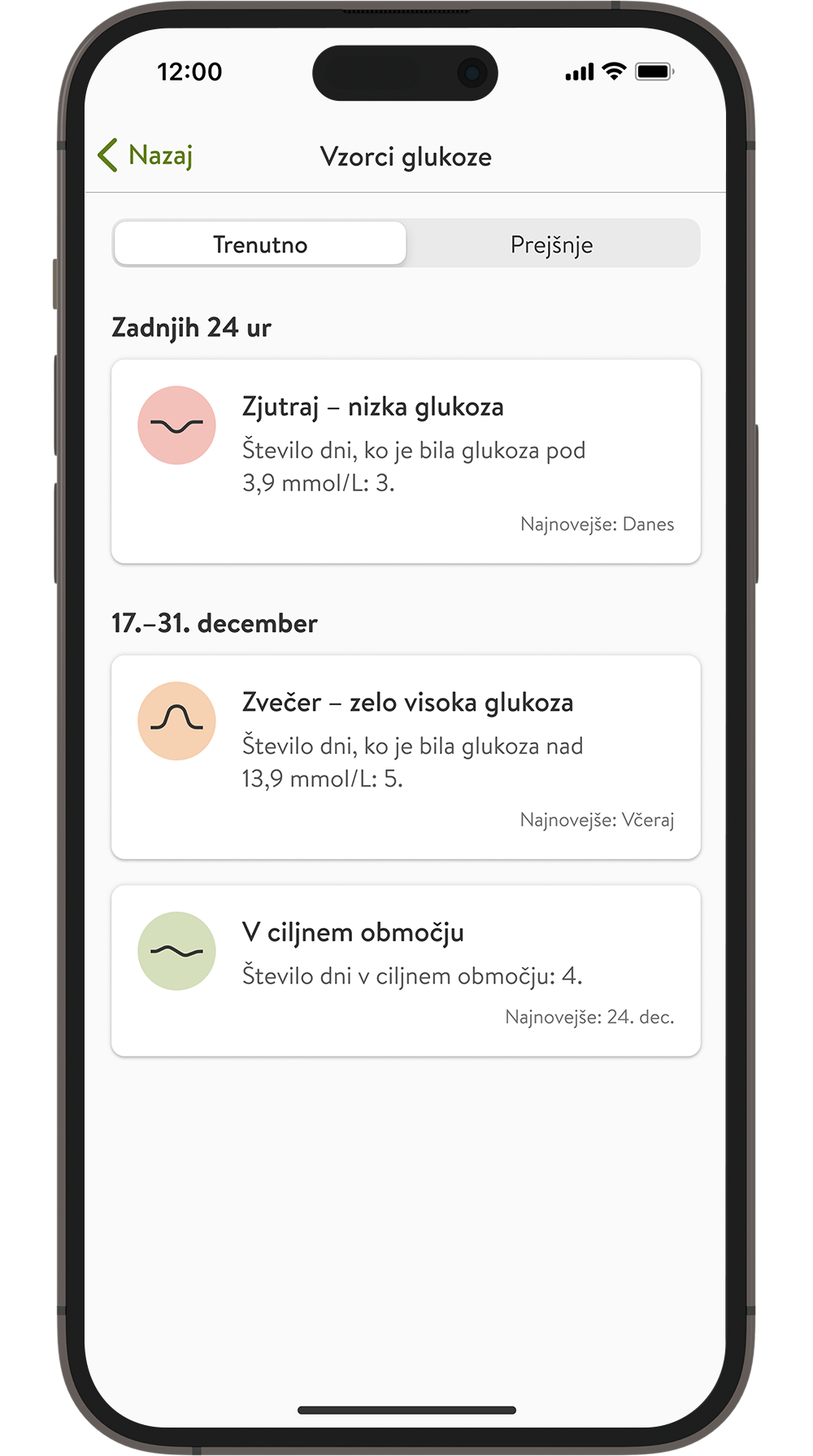 Funkcija Pregled ravni glukoze v mySugr, ki prikazuje funkcijo tedenskega povzetka zaznavanja in prepoznane vzorce glukoze, vključno z dogodki jutranje nizke glukoze ter večerne visoke glukoze in dogodki, ko je raven glukoze znotraj ciljnega območja.