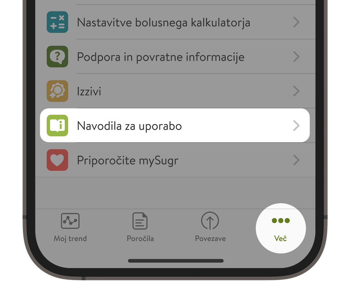 Posnetek zaslona z razdelkom Pomoč v aplikaciji mySugr z označenimi navodili za uporabo.