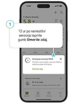 Posnetek zaslona s tipko Umeri zdaj za funkcijo Pregled ravni glukoze v mySugr.