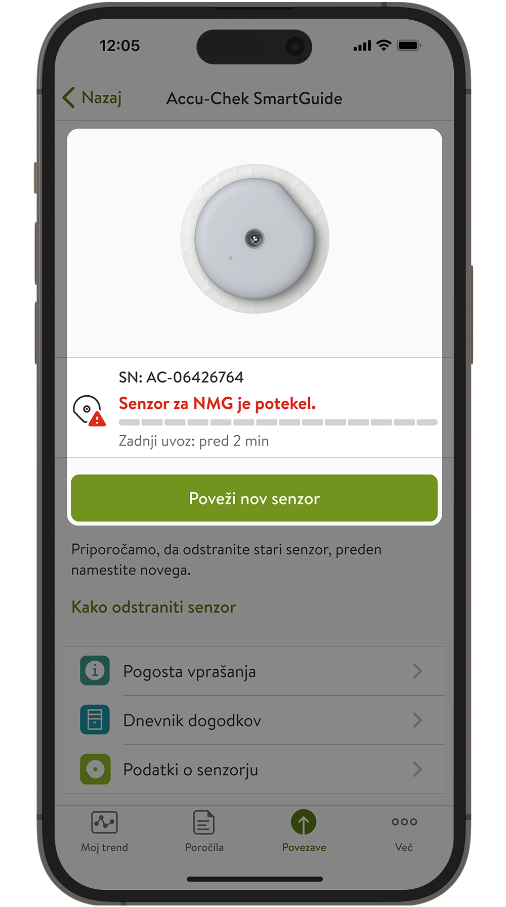 Posnetek zaslona s prikazom informacije o poteku roka uporabe senzorja v aplikaciji.