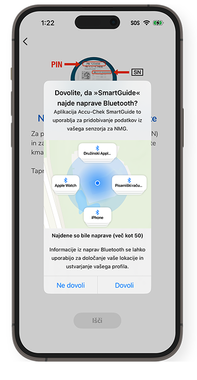 Iskanje seznanjanja aplikacije SmartGuide za uporabo povezave Bluetooth