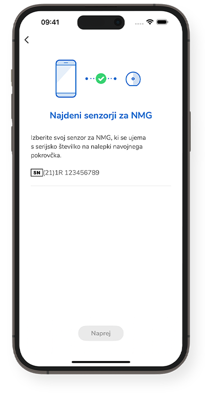 Zaslon NMG je našel senzorje za NMG in na navojnem pokrovčku prikazuje ustrezno serijsko številko.