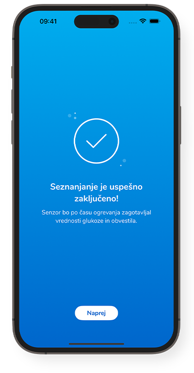 Zaslon Seznanjanje je bilo uspešno zaključeno, informacije o času ogrevanja in tipka Naprej na dnu