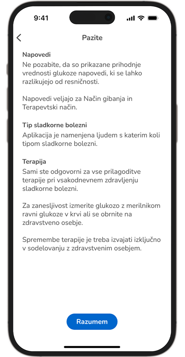 Posnetek zaslona z opozorili v aplikaciji Accu-Chek SmartGuide Predict