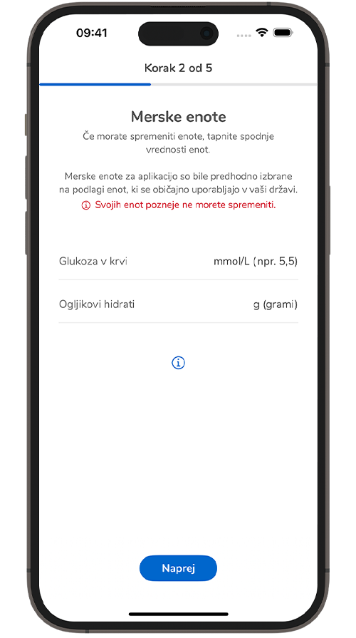 Posnetek zaslona strani za nastavitev merskih enot v aplikaciji SmartGuide