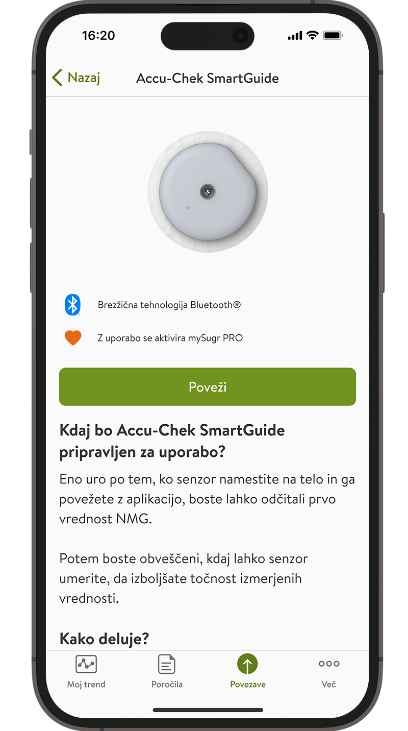 Posnetek zaslona s prikazom "Povezava" v aplikaciji mySugr.
