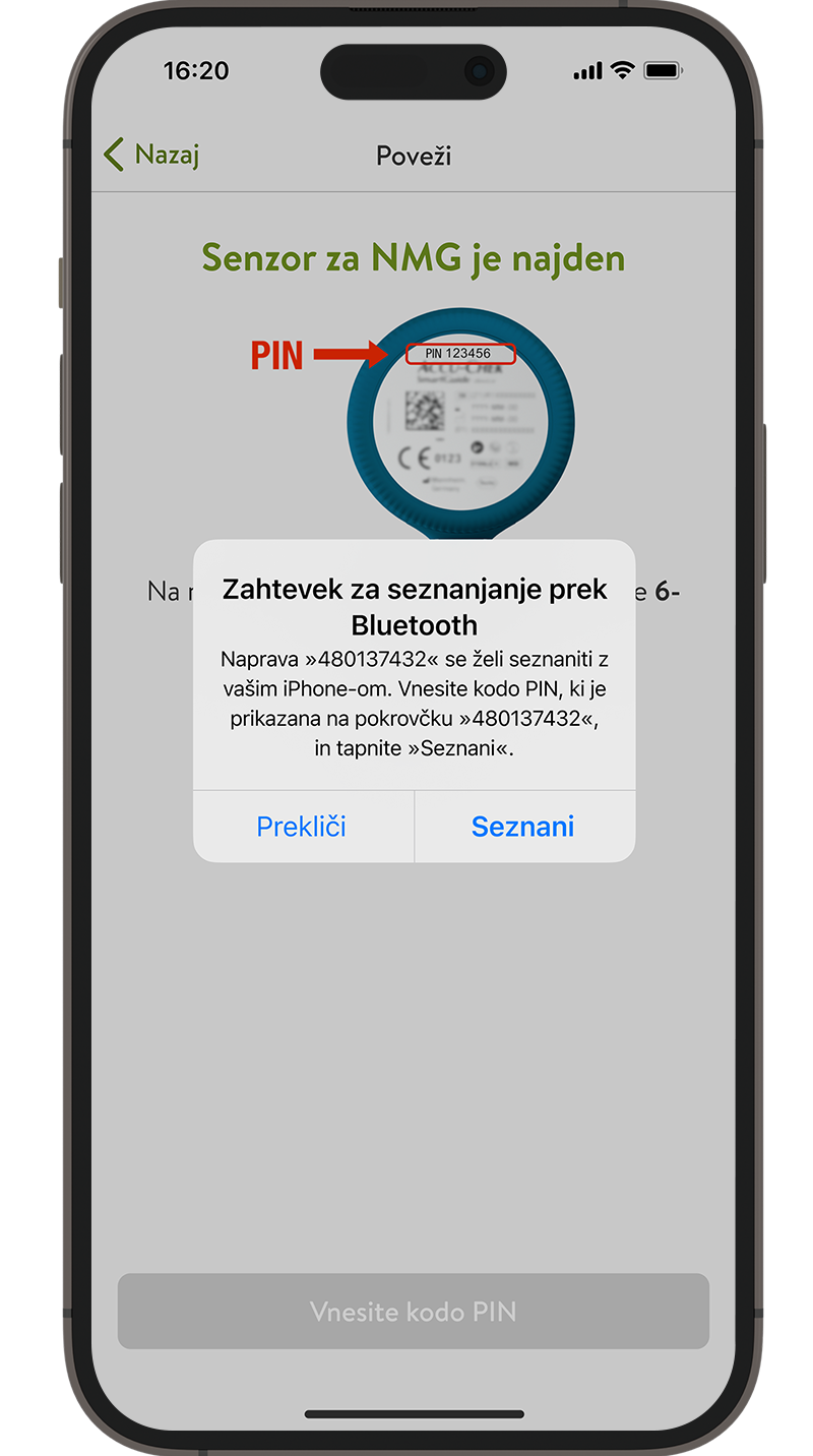 Prikaz, da je naprava za NMG zaznala senzor za NMG, s prikazom ujemajoče serijske številke na navojnem pokrovčku.