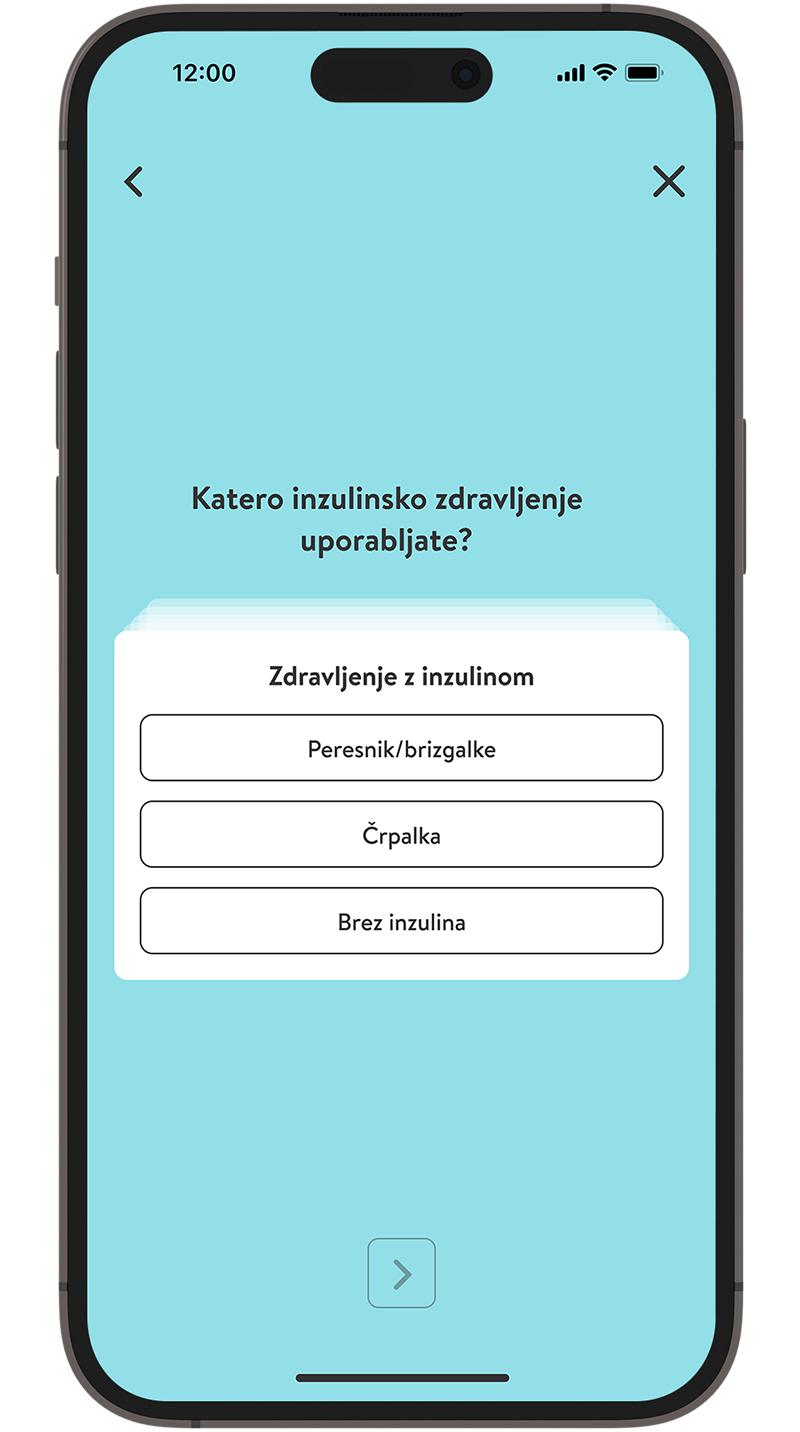 Posnetek zaslona nameščanja aplikacije mySugr z navedbo inzulinske terapije.