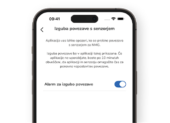 Posnetek zaslona v aplikaciji Accu-Chek SmartGuide, ki prikazuje prekinitev povezave s senzorjem