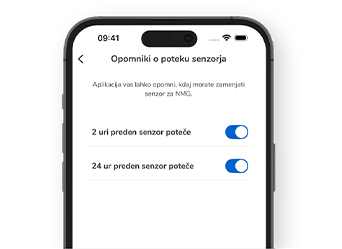 Posnetek zaslona v aplikaciji Accu-Chek SmartGuide, ki prikazuje opomnike o poteku uporabe senzorja
